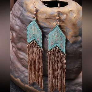Boho Fringe Earrings | Turquoise & Bronze Dangle Earrings